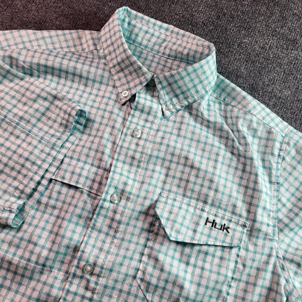 Huk Mens Performance Fishing Shirt Small Teal White Gingham Marlin Plaid SS